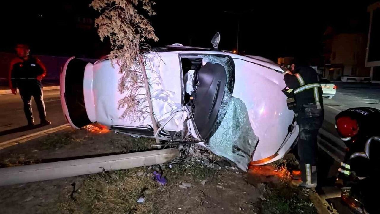 Aksaray'da kontrolden çıkan otomobil ağaç ve direği devirdi: 2 kişi yaralandı