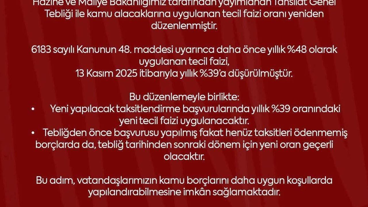 Baki Ersoy duyurdu: Tecil faizi yüzde 48'den yüzde 39'a düştü