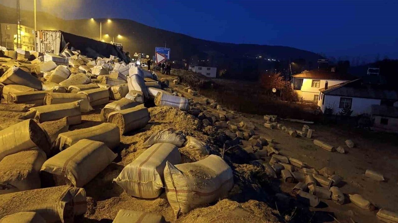 Bingöl'de saman yüklü kamyon devrildi, yol kısa süre trafiğe kapandı