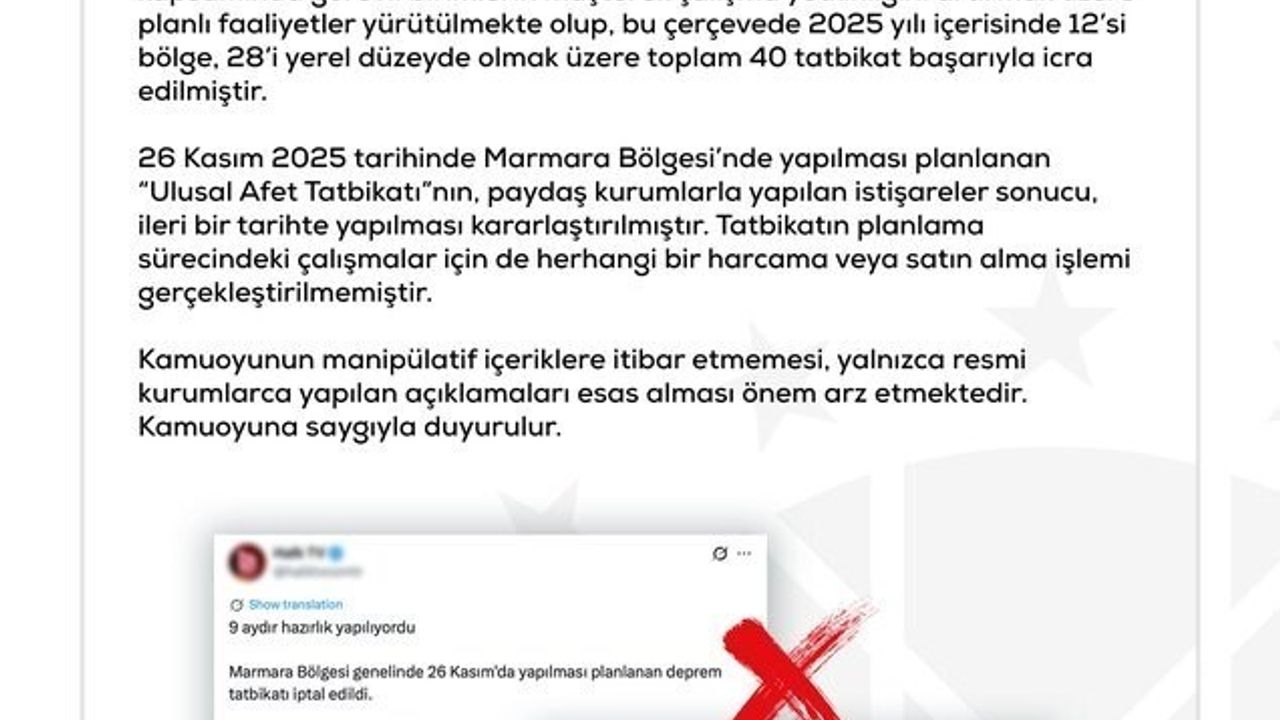 DMM: ‘Büyük Marmara Depremi Tatbikatı’ iptali iddiası gerçeği yansıtmıyor