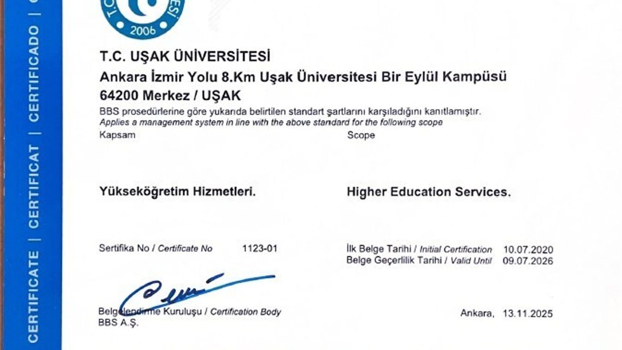 Uşak Üniversitesi TS EN ISO 9001:2015 Kalite Sertifikasını Yeniledi