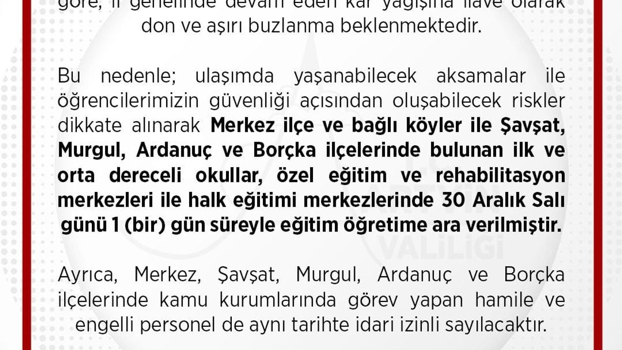 Artvin'de kar nedeniyle 30 Aralık'ta eğitime 1 gün ara