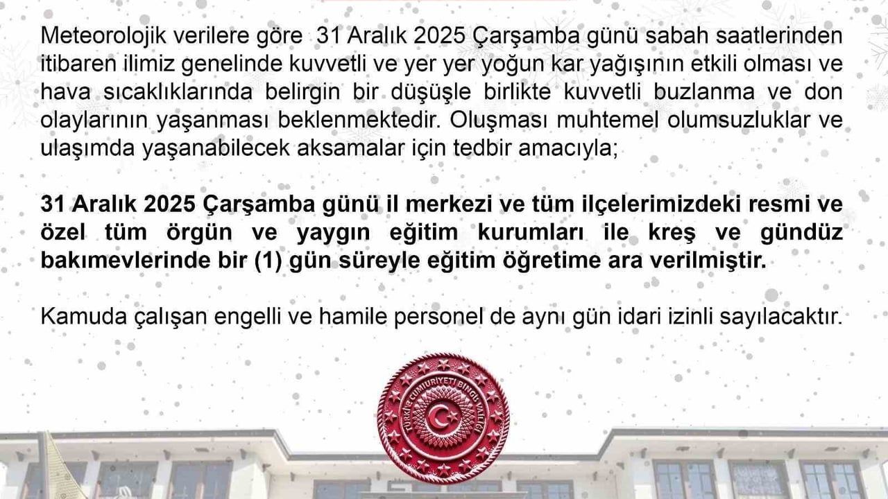 Bingöl'de 31 Aralık 2025 Çarşamba Eğitime 1 Gün Ara