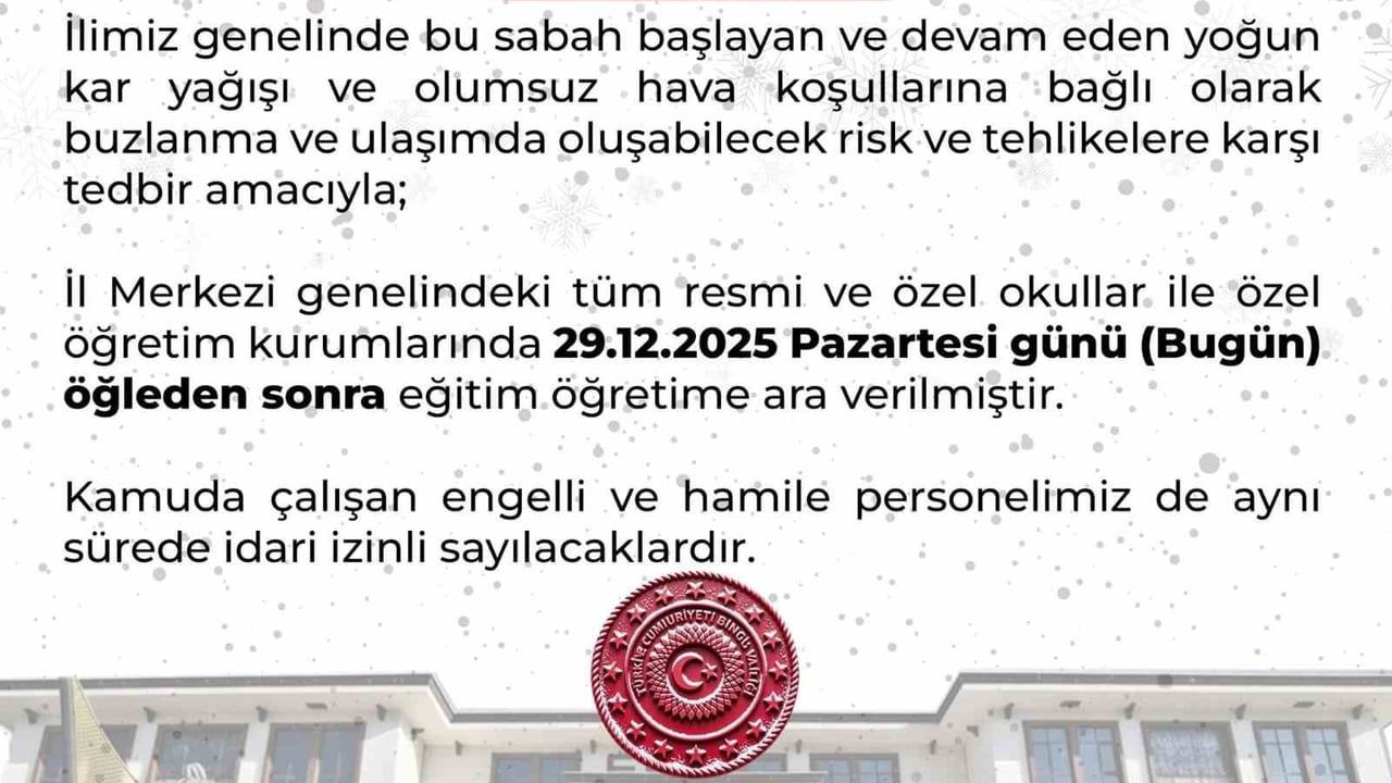 Bingöl'de Yoğun Kar Nedeniyle Eğitime 1 Gün Ara Verildi