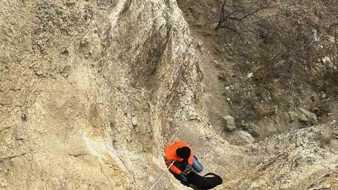 Burdur’da avcıların halatlı kurtarma operasyonu: Uçurumda mahsur kalan av köpeği sağ çıktı