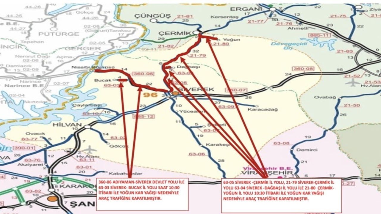 Çermik - Siverek karayolu yoğun kar nedeniyle ulaşıma kapandı