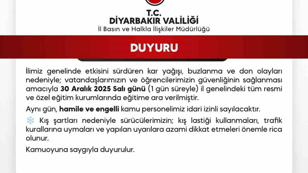 Diyarbakır’da 30 Aralık 2025 Salı günü okullar tatil edildi