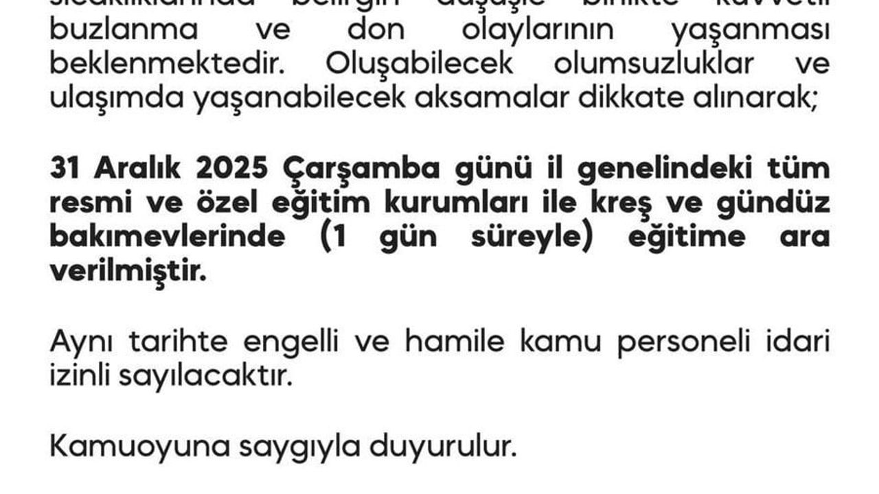 Diyarbakır'da 31 Aralık Çarşamba eğitime ara verildi