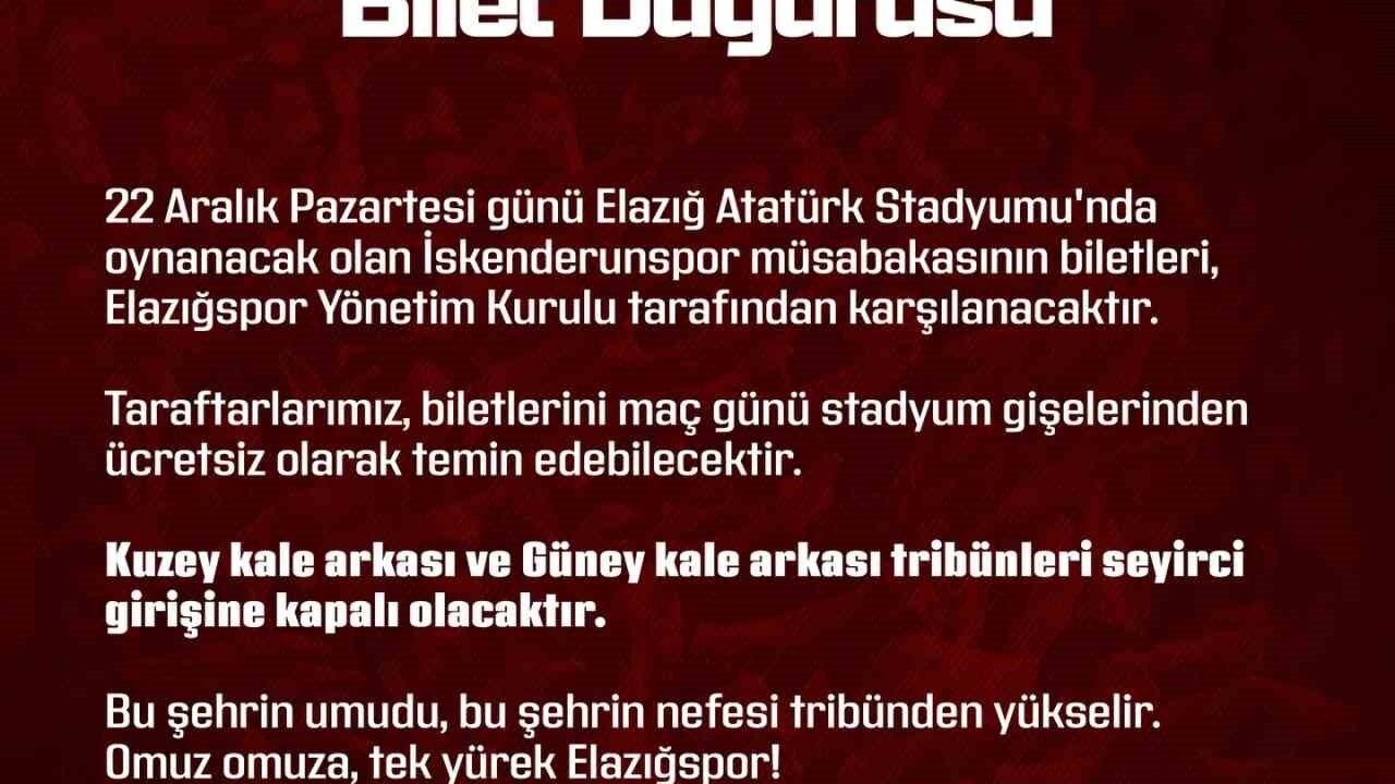 Elazığspor İskenderunspor maçının biletlerini ücretsiz dağıtıyor
