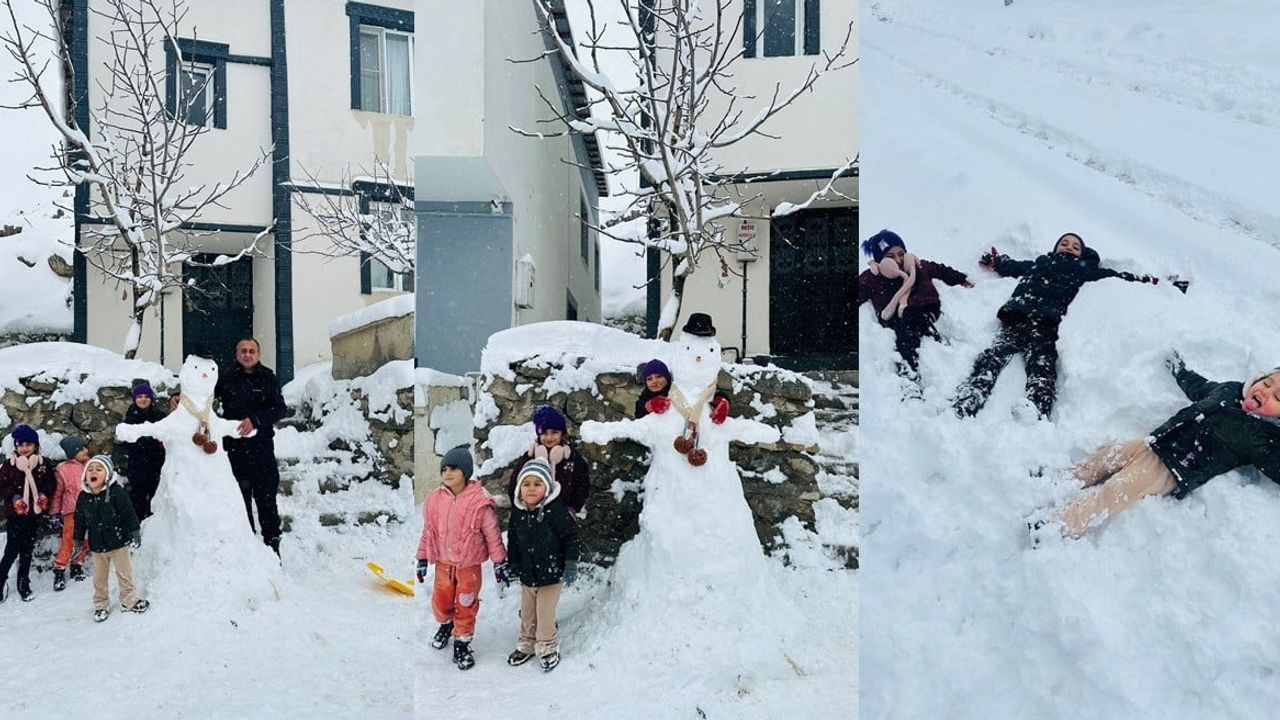 Hakkari'de çocukların kardan adam sevinci