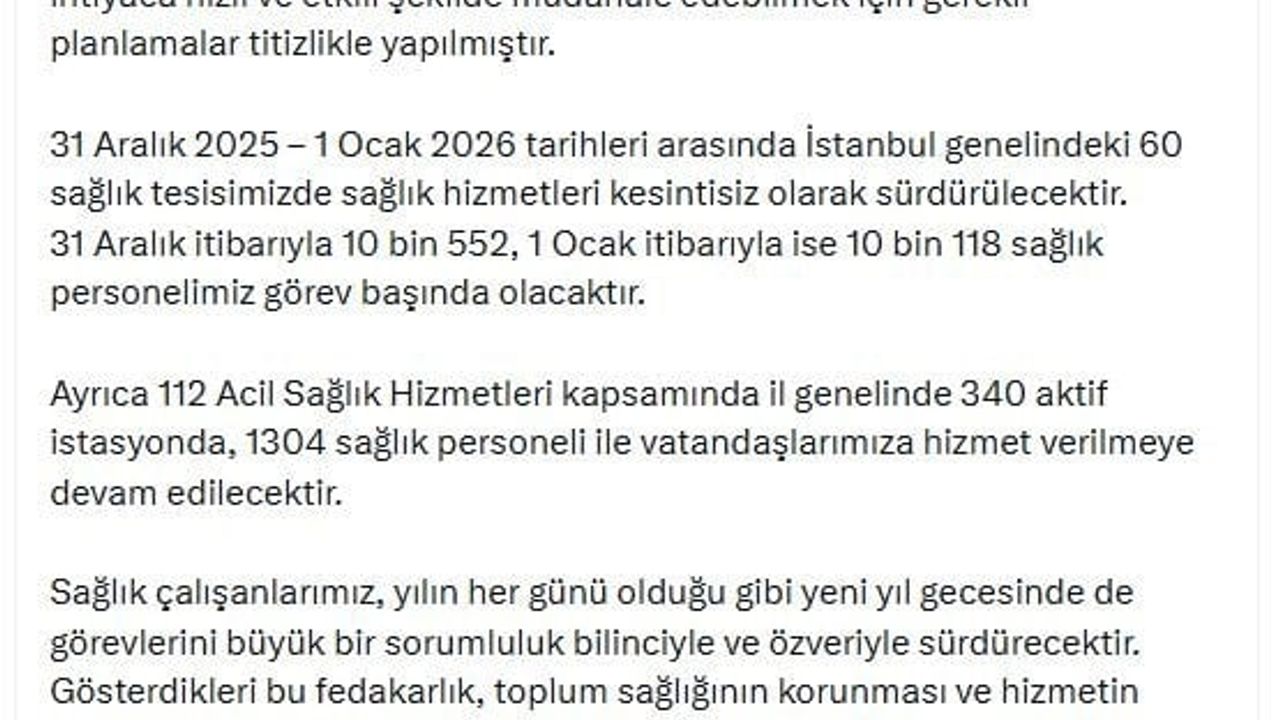 İstanbul’da yılbaşı sağlık tedbirleri — 31 Aralık 2025'te 10 bin 552 personel görevde