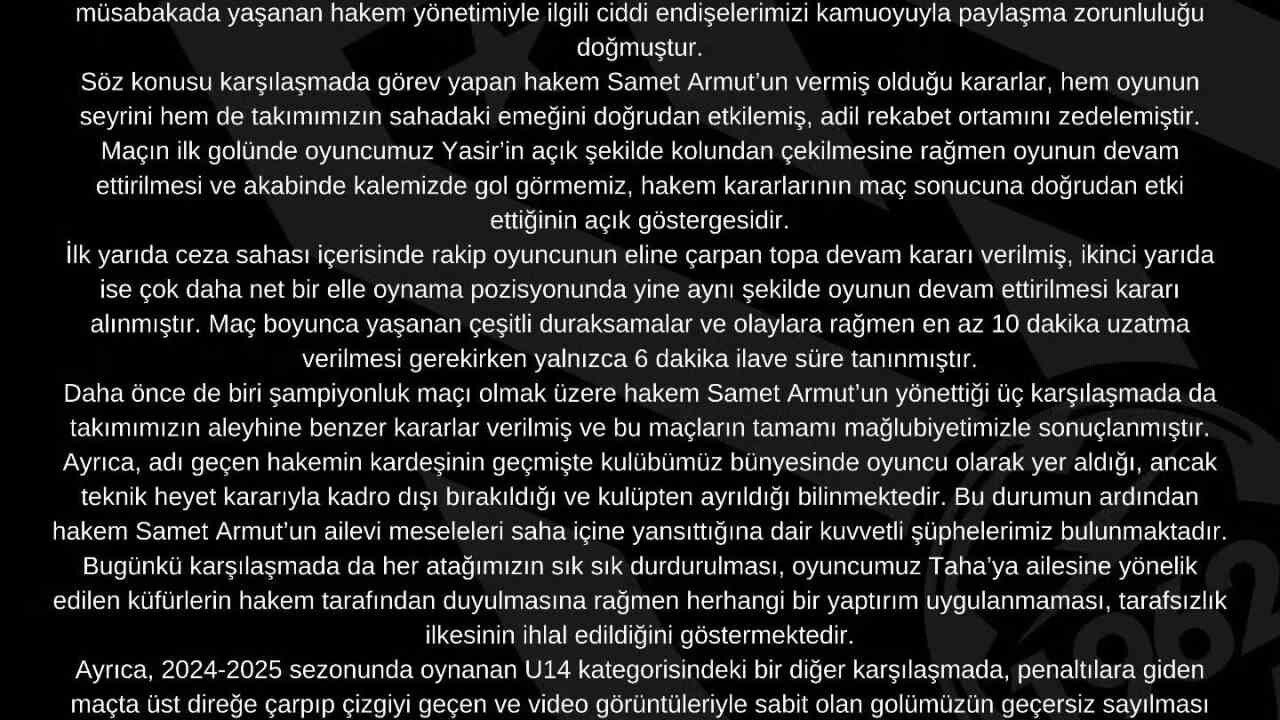 Kocasinan Şimşekspor: Hakem Samet Armut'un kulüp maçlarında görevlendirilmemesini istiyoruz