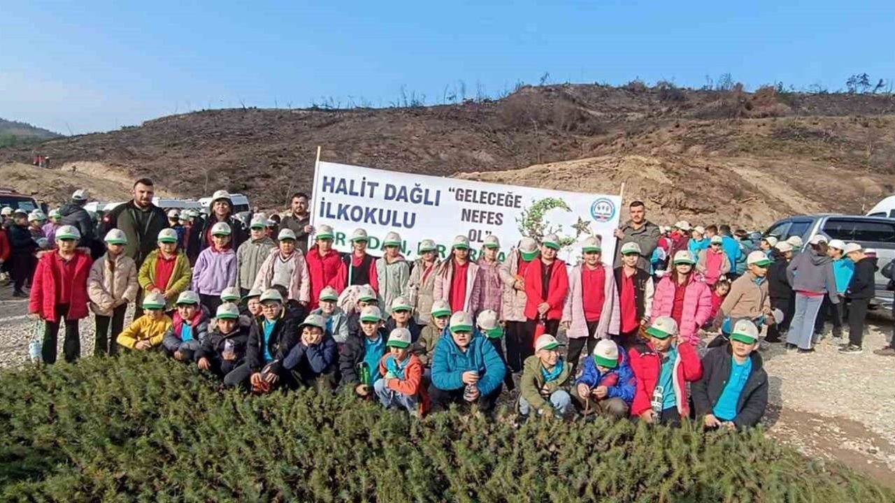 Kozan'da öğrenciler yanan alana 2 bin 500 fidan dikti