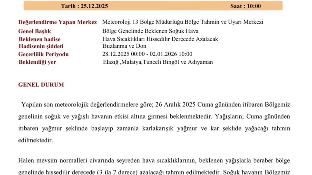 Meteoroloji 13. Bölge'den 5 il için soğuk ve yağış uyarısı