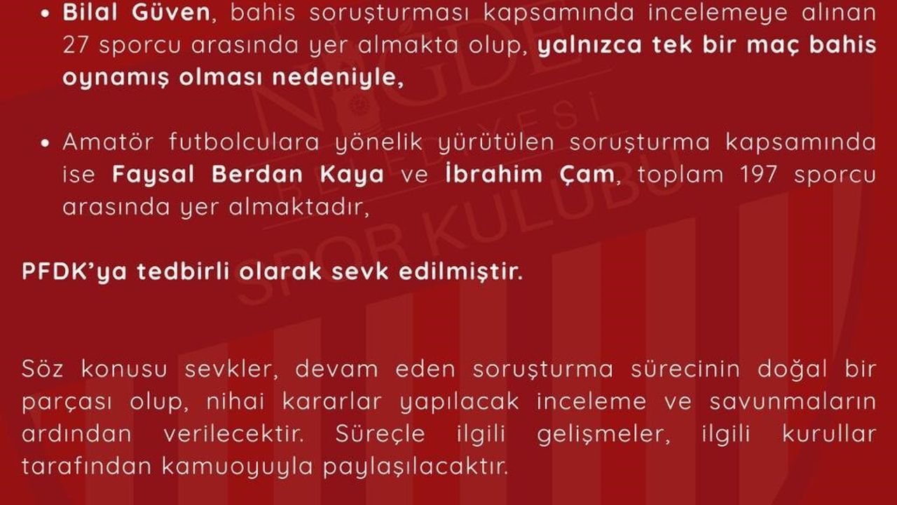 Niğde Belediyespor'dan PFDK sevkleriyle ilgili açıklama