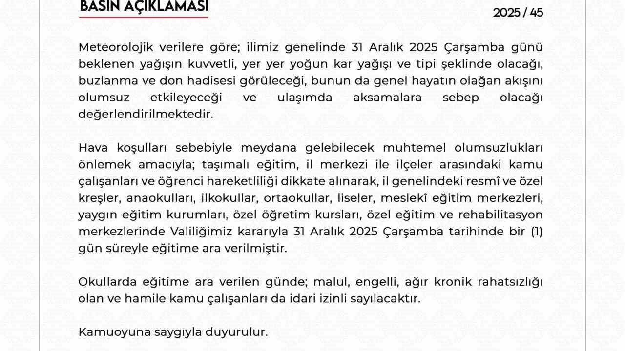 Niğde'de 31 Aralık 2025 Çarşamba eğitime 1 gün ara