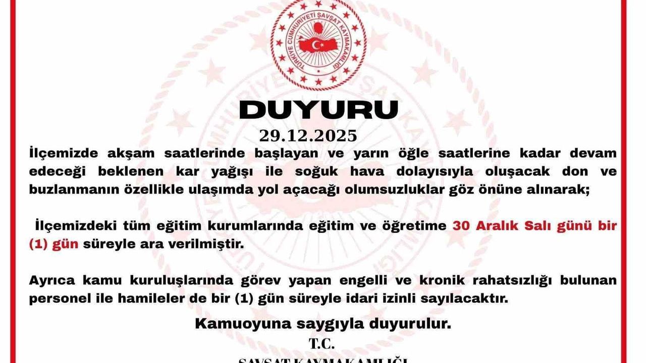 Şavşat’ta kar yağışı nedeniyle 30 Aralık Salı eğitime ara