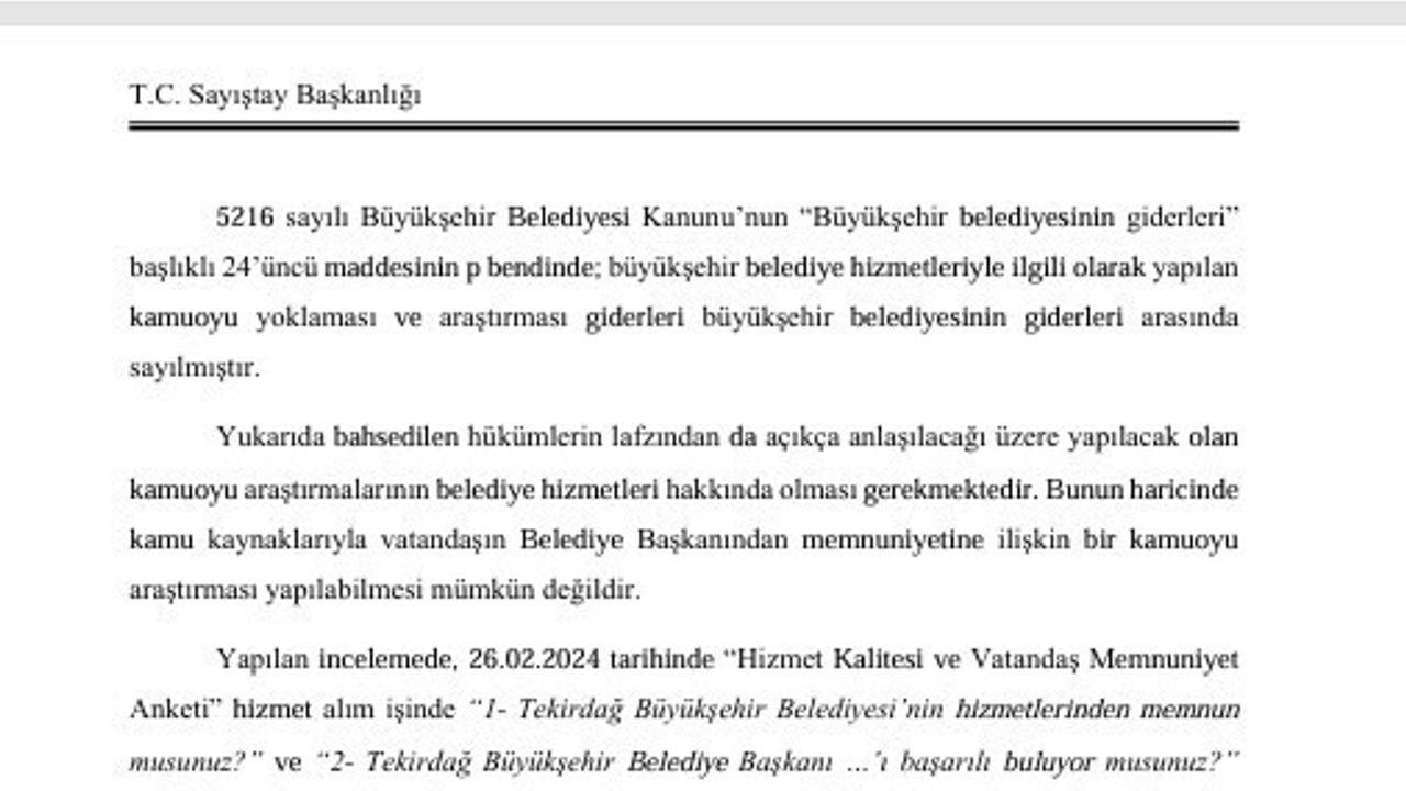 Sayıştay’ın 2024 denetimi: Tekirdağ Büyükşehir Belediyesi’nde 19 usulsüzlük