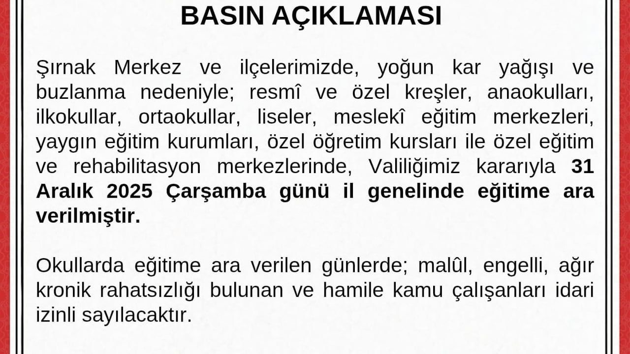 Şırnak’ta 31 Aralık 2025 Çarşamba eğitime kar nedeniyle ara verildi