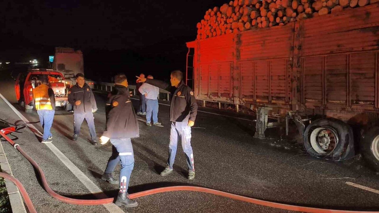 Tomruk yüklü TIR’da lastik yangını büyümeden söndürüldü
