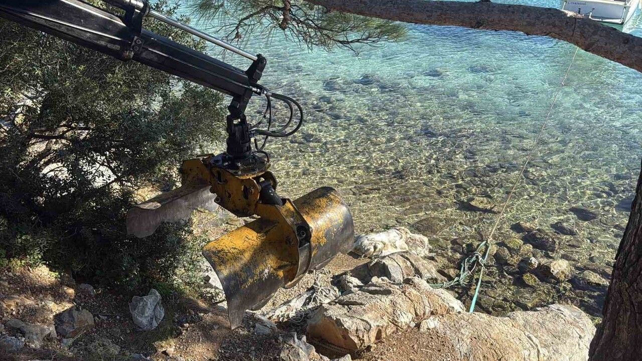 Torba sahilinde kıyıya vuran caretta caretta vinçle kaldırıldı