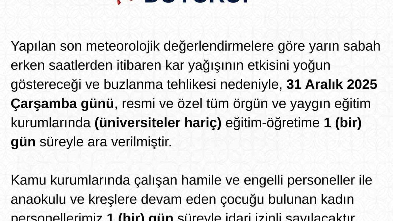 Tunceli'de eğitime 31 Aralık 2025 için 1 gün ara