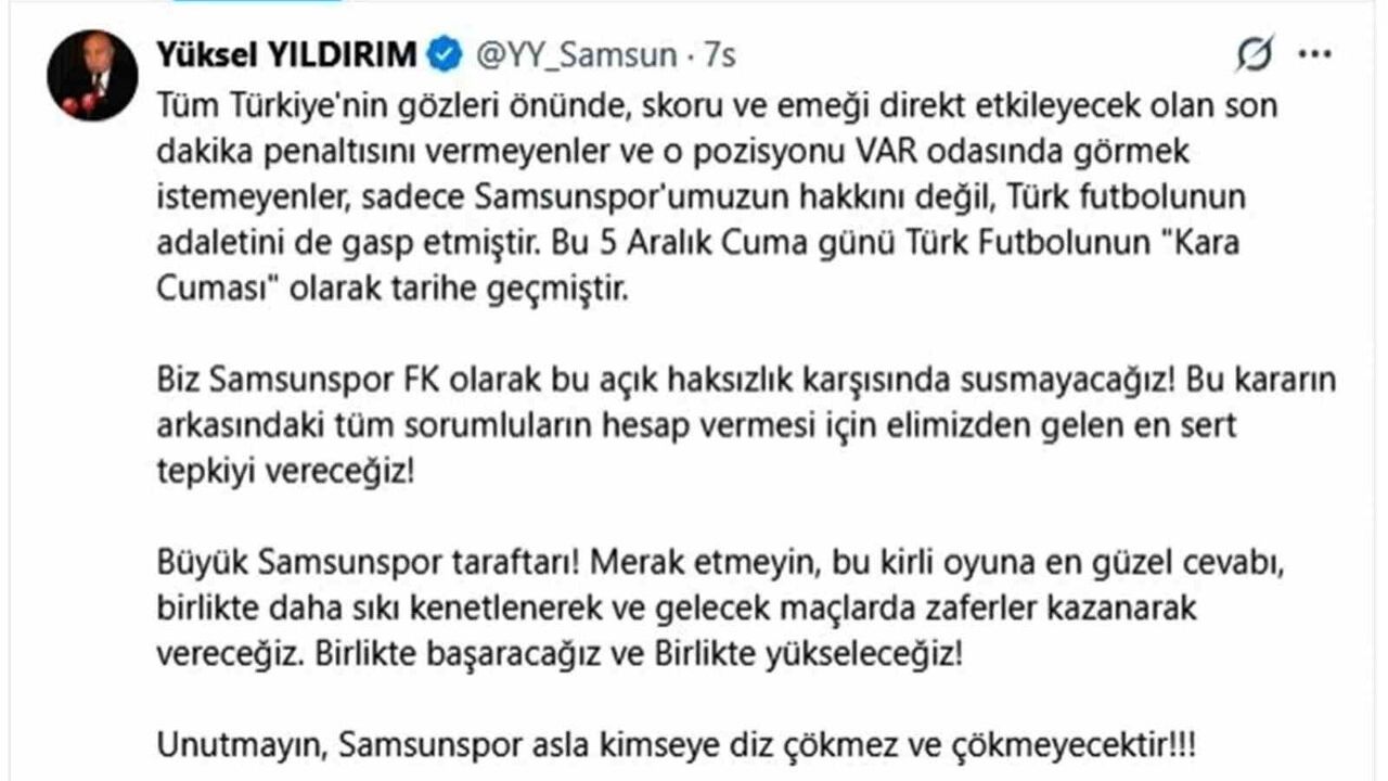 Yüksel Yıldırım: 'Samsunspor asla kimseye diz çökmez ve çökmeyecek'
