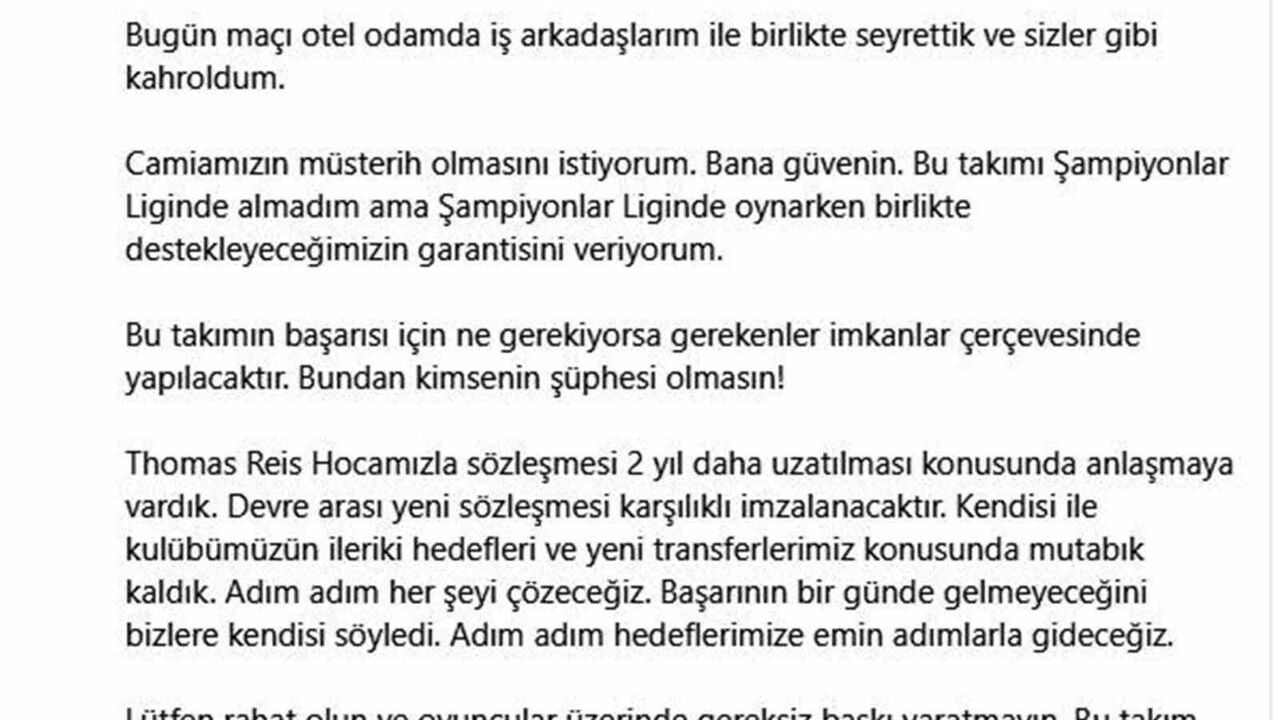 Yüksel Yıldırım: Thomas Reis ile sözleşmeyi 2 yıl uzatacağız
