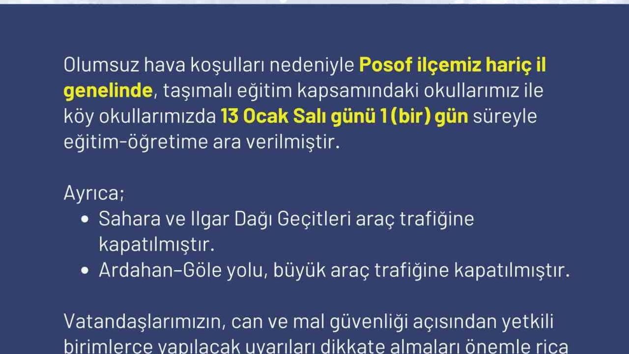 Ardahan'da taşımalı eğitime ara verildi (13 Ocak)