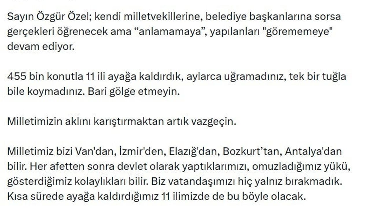 Bakan Kurum'tan Özgür Özel'e yanıt: "Tek bir tuğla bile koymadınız, bari gölge etmeyin"