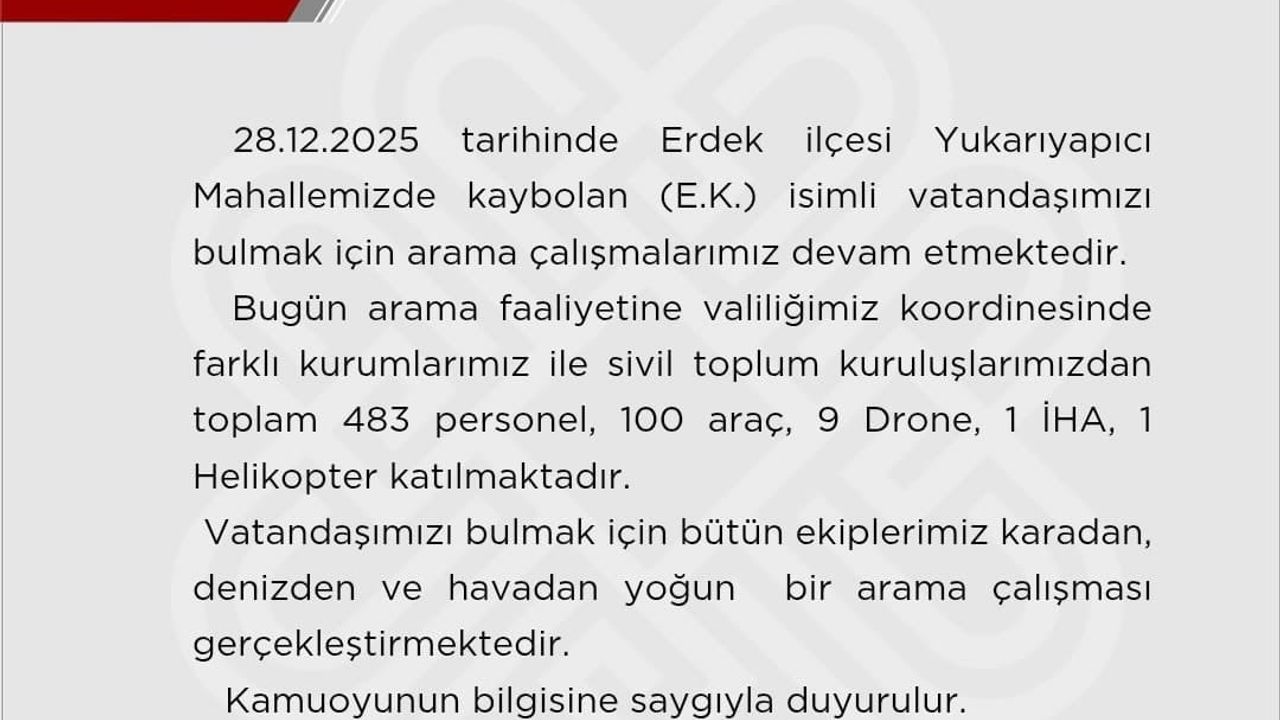 Balıkesir'de Kayıp Elif Kumal: Valilikten Arama Çalışmaları Açıklaması