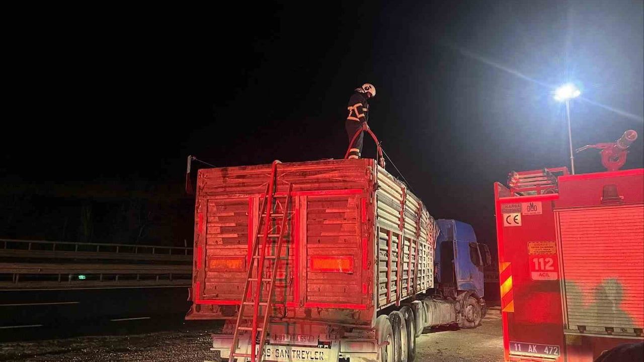 Bilecik'te talaş yüklü tır dorsesinde yangın
