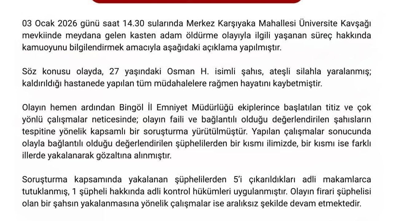 Bingöl'de cinayet soruşturmasında 5 tutuklama