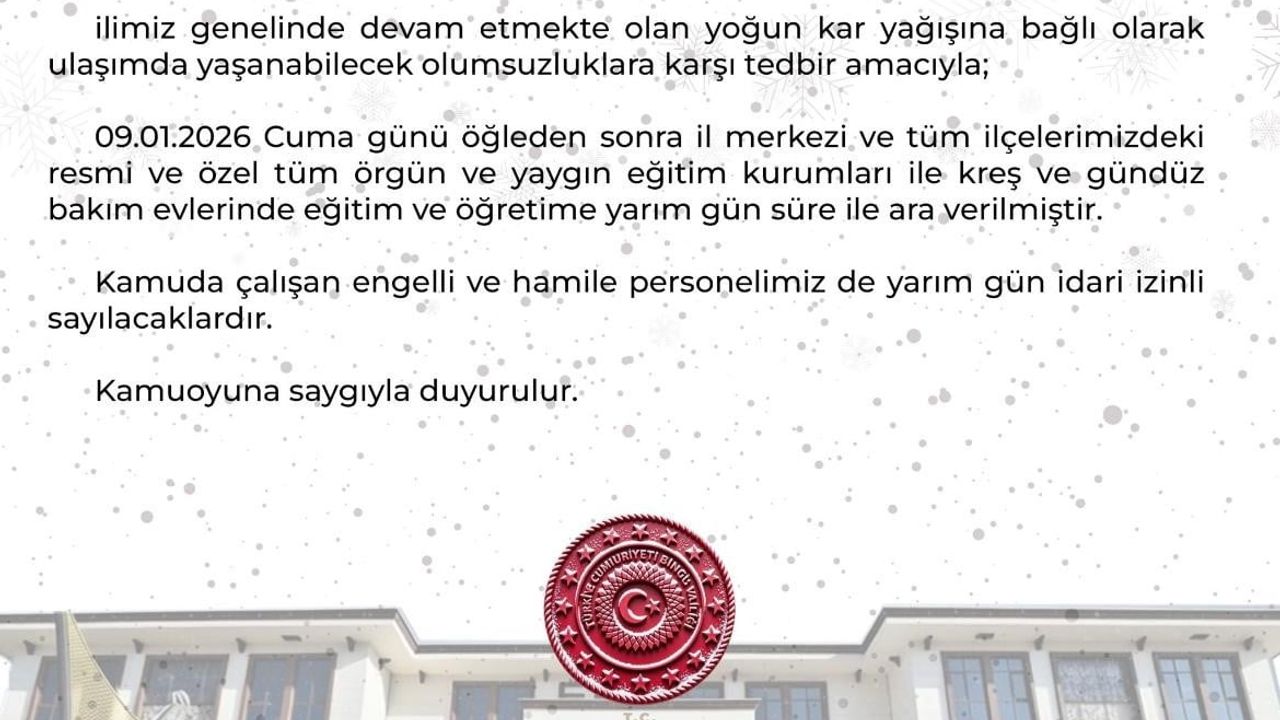 Bingöl'de eğitim yarım günlüğüne ara verildi