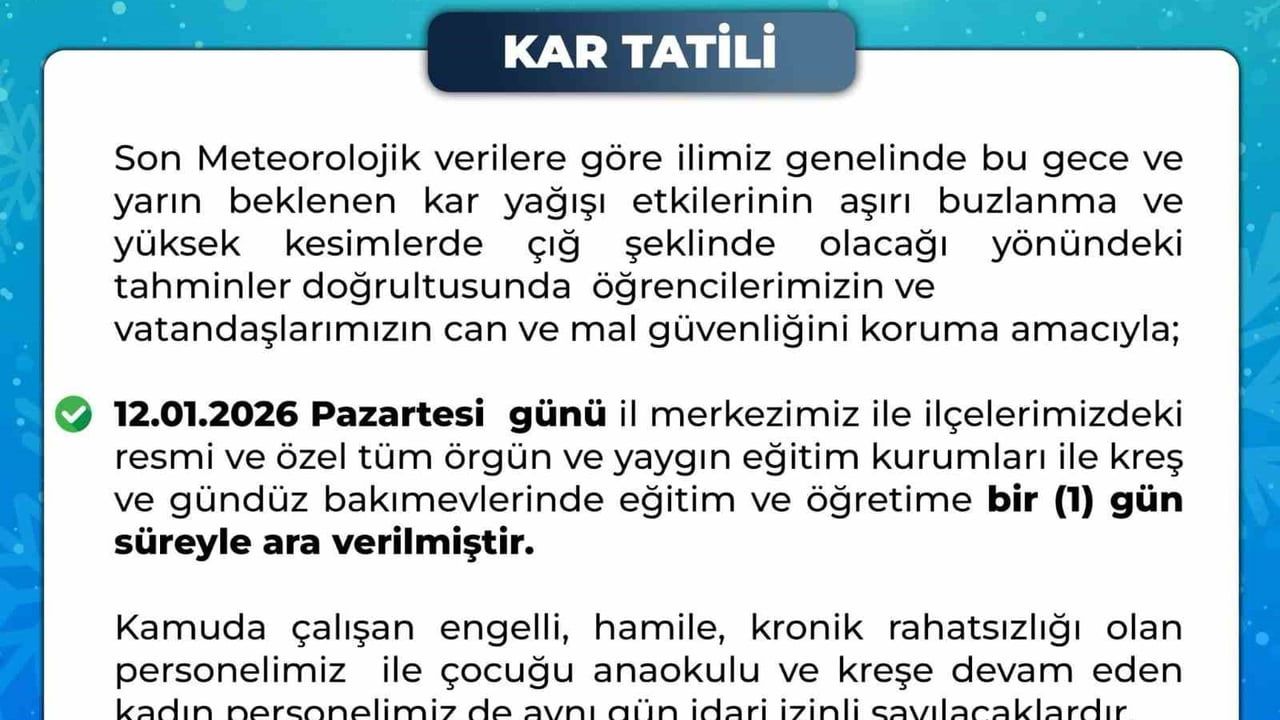 Bingöl'de eğitime 12.01.2026 Pazartesi günü 1 gün ara