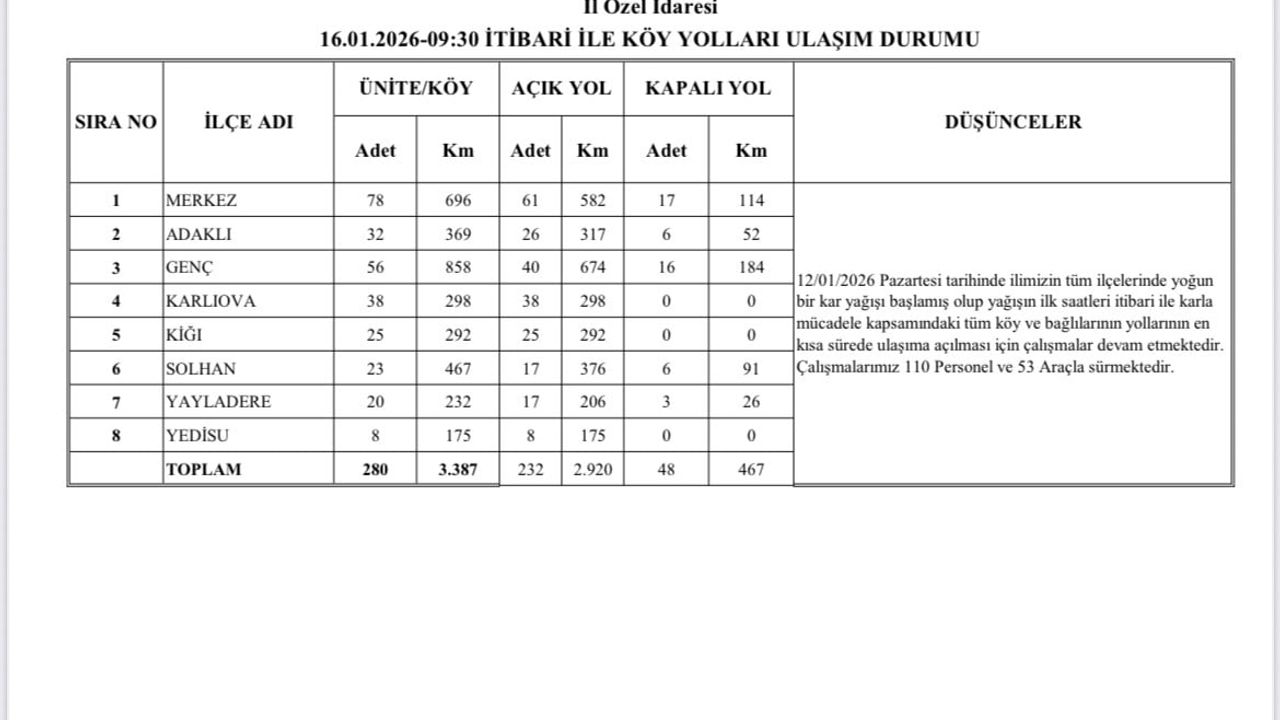 Bingöl'de kar çalışmaları: 232 köy yolu ulaşıma açıldı, 48'inde çalışmalar sürüyor