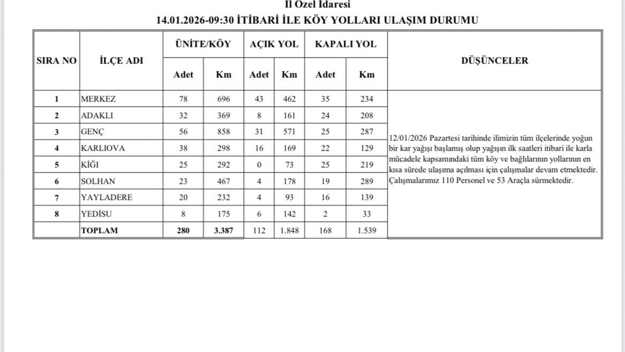 Bingöl'de kar yağışı ulaşımı etkiledi: 168 köy yolu kapalı