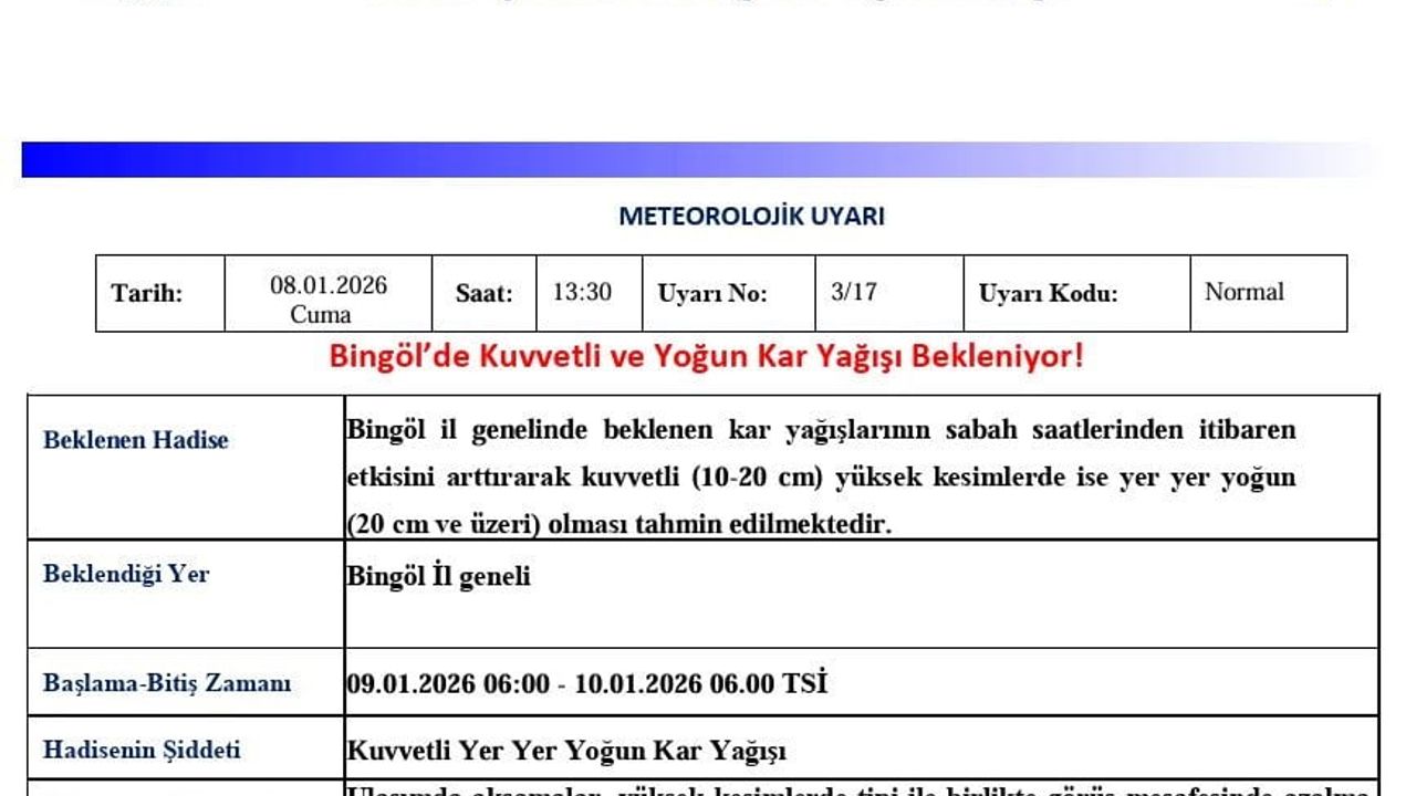 Bingöl'de kuvvetli ve yer yer yoğun kar bekleniyor