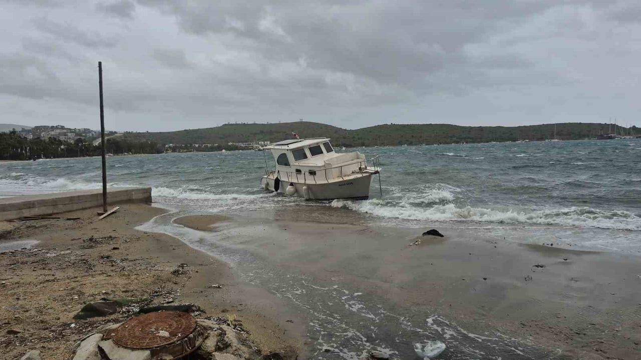 Bodrum'da fırtına: Tekneler karaya vurdu, feribot seferleri iptal