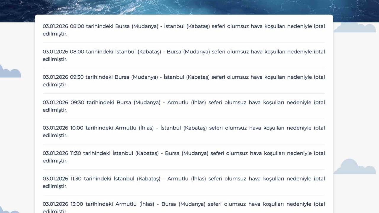 BUDO, 3 Ocak 2026'de 8 seferi iptal etti