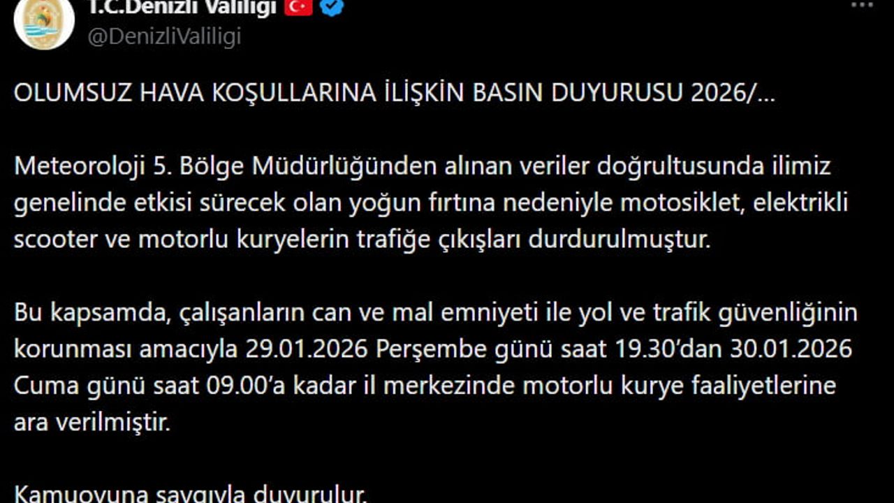 Denizli'de motorlu kurye seferleri fırtına nedeniyle durduruldu