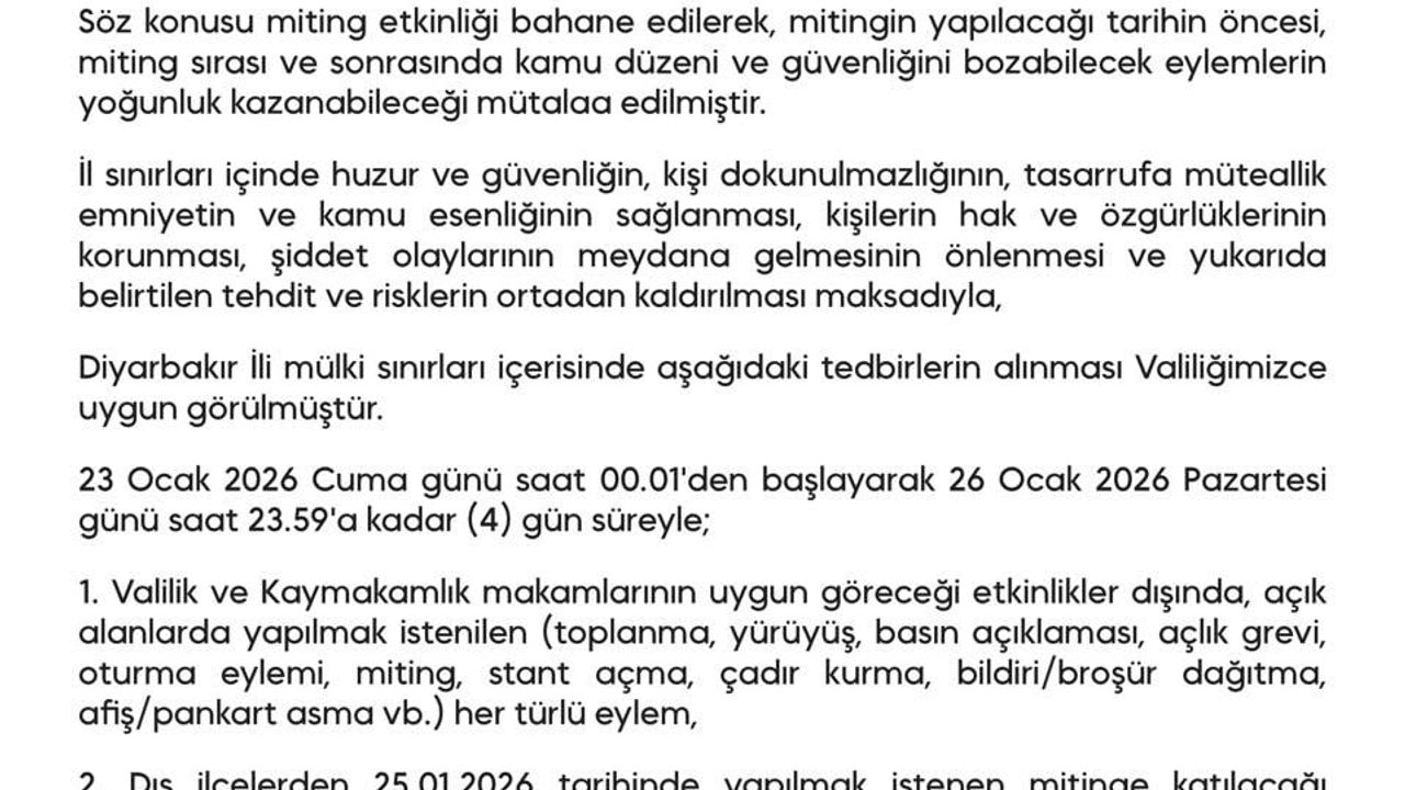 Diyarbakır'da 4 Günlük Gösteri ve Yürüyüş Yasağı