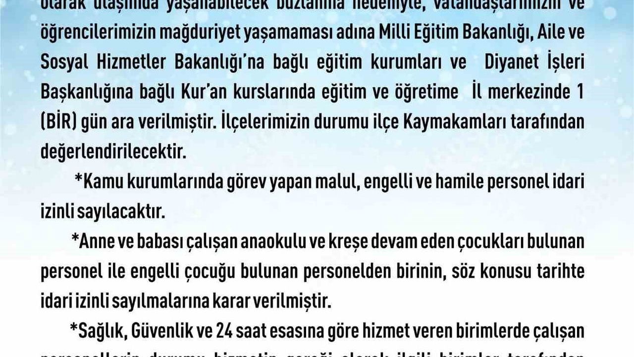 Elazığ'da 13 Ocak 2026'de eğitime 1 gün ara verildi