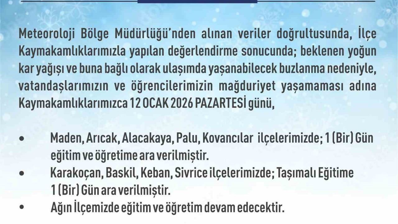 Elazığ'da 5 ilçede eğitime 1 gün ara, 4 ilçede taşımalı eğitim durdu