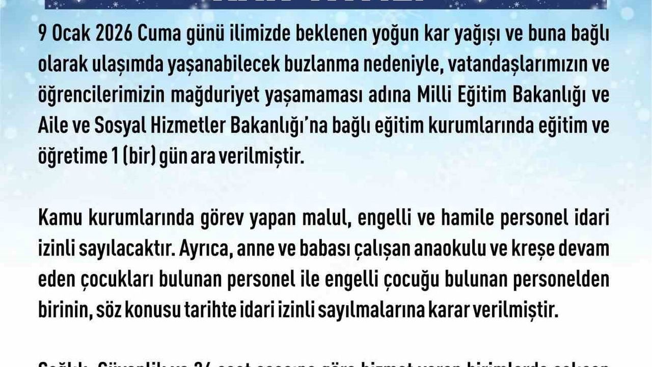 Elazığ'da 9 Ocak 2026 Cuma eğitime 1 gün ara