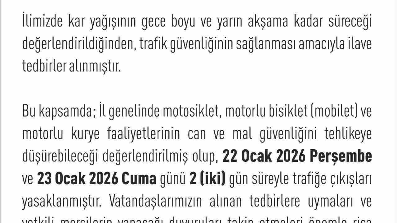 Elazığ'da motosiklet, mobilet ve motorlu kuryelere 2 günlük trafik yasağı