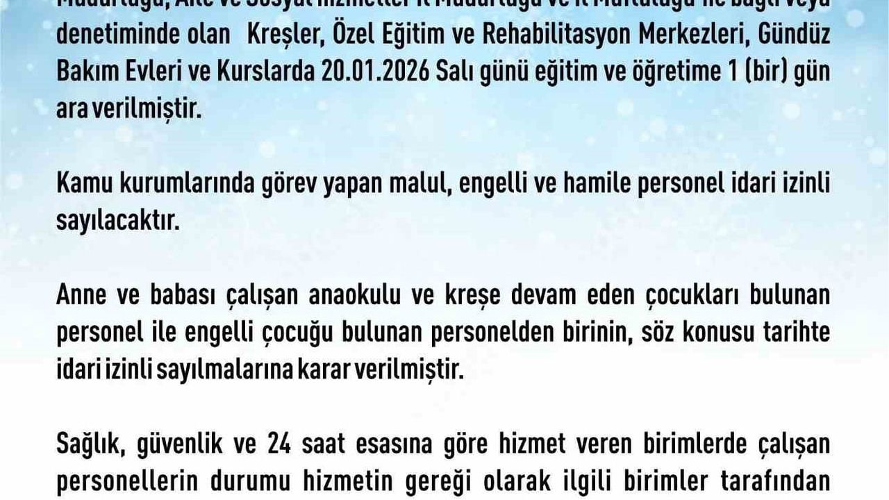 Elazığ'da rehabilitasyon, kreş ve kurslara 1 günlük kar tatili