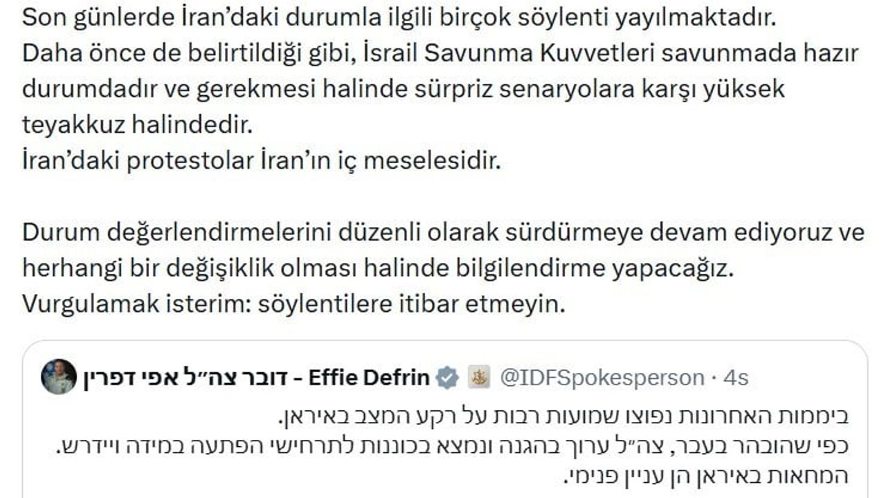 İsrail Ordusu'ndan İran Açıklaması: 'Sürpriz Senaryolara Karşı Yüksek Teyakkuz'