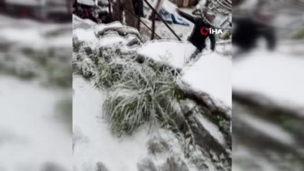 Kar yağışı sonucu kontrolden çıkan otomobil bahçeye düştü