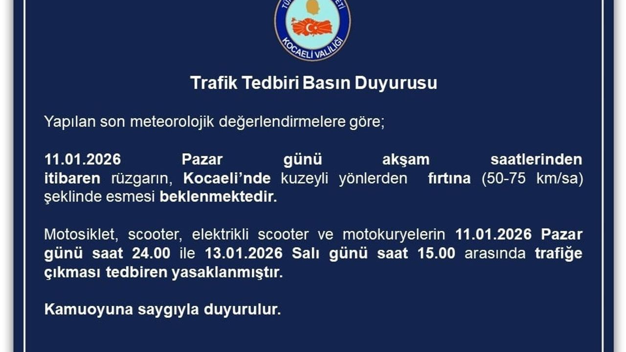 Kocaeli'de motosiklet ve motokuryelere fırtına nedeniyle trafik yasağı